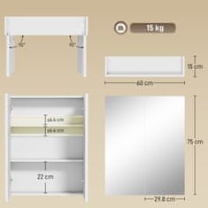 HOMCOM Stenska kopalniška omarica z 2 vratoma z ogledalom in 2 notranjimi policami, kopalniška omarica z ogledalom in mehkim zapiranjem iz MDF, 60x15x75 cm, bela