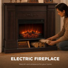 HOMCOM Camino elettrico da terra/incasso con cornice e ripiano per TV 55'', 1800W, effetto fiamma 3D realistico, 3 luminosità, riscaldamento regolabile, telecomando, termostato, timer, 30m2, marrone