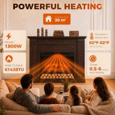 HOMCOM Camino elettrico da terra/incasso con cornice e ripiano per TV 55'', 1800W, effetto fiamma 3D realistico, 3 luminosità, riscaldamento regolabile, telecomando, termostato, timer, 30m2, marrone