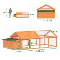 PAWHUT Vrtni kokošnjak za 4-8 kokoši z gnezdilnim območjem in odprljivo streho, zunanji kokošnjak iz smrekovega lesa in kovinske mreže z širokimi vrati, 240x112.5x76 cm, oranžna