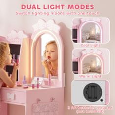 AIYAPLAY Set toeletta trucco bambina 3 v 1 z sedežem, obešalnikom, lesenim ličilnim mestom z akrilnimi ogledali z 2-Barvnimi svetili, predali, ličilna miza za otroke 3-8 let, roza
