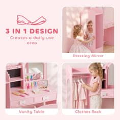 AIYAPLAY Set toeletta trucco bambina 3 v 1 z sedežem, obešalnikom, lesenim ličilnim mestom z akrilnimi ogledali z 2-Barvnimi svetili, predali, ličilna miza za otroke 3-8 let, roza