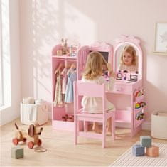 AIYAPLAY Set toeletta trucco bambina 3 v 1 z sedežem, obešalnikom, lesenim ličilnim mestom z akrilnimi ogledali z 2-Barvnimi svetili, predali, ličilna miza za otroke 3-8 let, roza