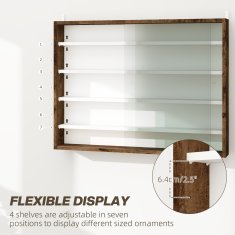 HOMCOM Stenska vitrina s 4 nastavljivimi policami, vitrina za zbirateljstvo, stenski razstavni ormar za zbirateljske predmete, iz stekla in iverne plošče, 80x9.5x60 cm, rjava