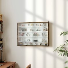 HOMCOM Stenska vitrina s 4 nastavljivimi policami, vitrina za zbirateljstvo, stenski razstavni ormar za zbirateljske predmete, iz stekla in iverne plošče, 80x9.5x60 cm, rjava