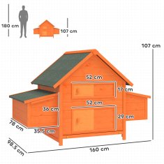 PAWHUT Velik zunanji kokošnjak iz smrekovega lesa 160x98.5x107cm, hišica za 6 nesnih kokoši z 2 stranskima gnezdoma, vodoodporna streha iz bitumna in izvlečni pladenj, vinsko rdeča