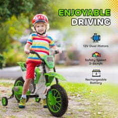 HOMCOM Otroški električni kros motocikel z baterijo 12V in odstranljivimi kolesci, igrača motocikel iz PP in kovine, 106.5x51.5x68 cm, zelena