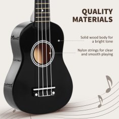HOMCOM Ukulele soprano z 21 palci za začetnike, ukulele iz lesa z strunami iz najlona, plektro in rezervna struna, črno