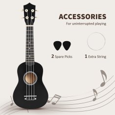 HOMCOM Ukulele soprano z 21 palci za začetnike, ukulele iz lesa z strunami iz najlona, plektro in rezervna struna, črno