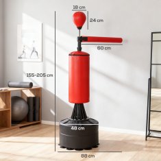 HOMCOM Boksarska vreča z nastavljivo višino s punch ball, rotacijsko palico in polnilno osnovo, talna vreča iz PU, EPE in HDPE, 88x48x155-205 cm, rdeča in črna