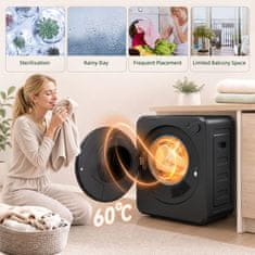 HOMCOM Mini prenosni sušilnik 2.5 kg, 5 programov, 800/400 w kompaktni sušilnik, sprednje polnjenje, do 60Celsius, naložljiv/stenski/samostoječ, boben iz nerjavečega jekla, stanovanje, črna