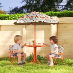AIYAPLAY Miza za piknik za otroke, set miza in stoli z 2 zložljivimi stoli in odstranljivim sončnikom, tema džungla, zunanje pohištvo za vrt, patio, oranžna