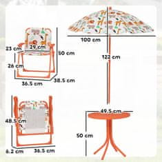 AIYAPLAY Miza za piknik za otroke, set miza in stoli z 2 zložljivimi stoli in odstranljivim sončnikom, tema džungla, zunanje pohištvo za vrt, patio, oranžna