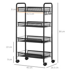 HOMCOM Voziček za kuhinjo, varčevanje s prostorom, 4 nivoji s košarami iz mreže, voziček za shranjevanje za dnevno sobo in spalnico iz jekla, 45x26.5x84 cm, črn