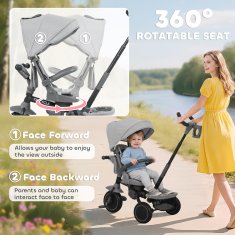 AIYAPLAY 6 V 1 tricikel voziček kolo za otroke 1-5 let do 25Kg, zložljivi tricikel z vrtljivim sedežem proti mami ali cesti, kapuca, ročaj, torba, kolesa in 5-Točkovni varnostni pas, siva