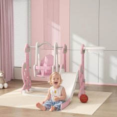 AIYAPLAY Drča za otroke 4 v 1, samostoječa vrtna drča z gugalnico, plezalna lestev in koš za košarko, set igrišča za notranje, zunanje prostore, otroško sobico, 18-48 mesecev, roza