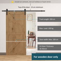 HOMCOM 200Cm tirnica za drsna vrata komplet dodatkov z tirnico in kolesi nosilnost 100kg ogljikovo jeklo 200×4×0.6cm