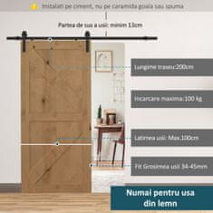 HOMCOM 200Cm tirnica za drsna vrata komplet dodatkov z tirnico in kolesi nosilnost 100kg ogljikovo jeklo 200×4×0.6cm