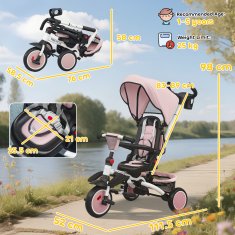 AIYAPLAY 6 V 1 tricikel voziček kolo za otroke 1-5 let do 25 kg, zložljiv tricikel z vrtljivim sedežem proti mami ali cesti, streha, ročaj, torba, kolesa in 5-točkovni varnostni pas, roza