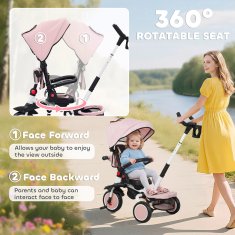 AIYAPLAY 6 V 1 tricikel voziček kolo za otroke 1-5 let do 25 kg, zložljiv tricikel z vrtljivim sedežem proti mami ali cesti, streha, ročaj, torba, kolesa in 5-točkovni varnostni pas, roza
