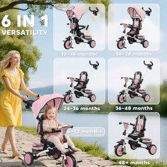 AIYAPLAY 6 V 1 tricikel voziček kolo za otroke 1-5 let do 25 kg, zložljiv tricikel z vrtljivim sedežem proti mami ali cesti, streha, ročaj, torba, kolesa in 5-točkovni varnostni pas, roza