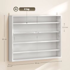 HOMCOM Stenska vitrina s 4 nastavljivimi policami, vitrina za zbirateljstvo, stenska omara za razstavljanje zbirateljskih predmetov, iz stekla in iverne plošče, 80x9.5x60 cm, bela