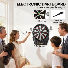 HOMCOM Elektronska tarča za pikado s 6 pikadli, napajalnik, 4 LED zasloni, 243 programi in 27 iger, elektronska tabla za pikado za 16 igralcev, 44x51.5x3.2 cm, črna