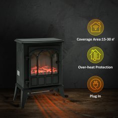 HOMCOM Camino da terra električni moč 1000W / 2000W z učinkom plamena nastavljivo svetlostjo, električni kamin z nastavljivo temperaturo in zaščito pred prekomernim segrevanjem, 39x23x56.5cm, črna