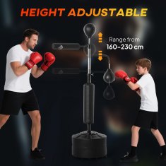 HOMCOM Talna boksarska vreča 4 v 1, talna boksarska vreča z 2 speedball, vrtljiva palica za reflekse, nastavljiva višina od 160-230cm, za domačo telovadnico MMA thai odrasle, črna