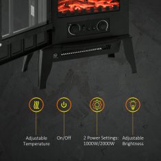 HOMCOM Camino da terra električni moč 1000W / 2000W z učinkom plamena nastavljivo svetlostjo, električni kamin z nastavljivo temperaturo in zaščito pred prekomernim segrevanjem, 39x23x56.5cm, črna