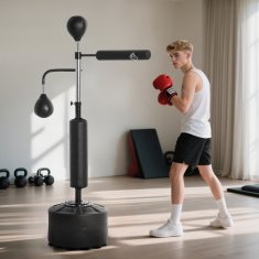 HOMCOM Talna boksarska vreča 4 v 1, talna boksarska vreča z 2 speedball, vrtljiva palica za reflekse, nastavljiva višina od 160-230cm, za domačo telovadnico MMA thai odrasle, črna