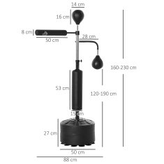HOMCOM Talna boksarska vreča 4 v 1, talna boksarska vreča z 2 speedball, vrtljiva palica za reflekse, nastavljiva višina od 160-230cm, za domačo telovadnico MMA thai odrasle, črna