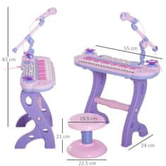 HOMCOM Otroški pianola s 37 tipkami, stolčkom in mikrofonom, 12 glasbil in 22 skladb, snemanje, MP3 in karaoke, roza