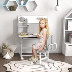 AIYAPLAY Komplet pisalne mize in stola za otroke 3-12 let, nastavljiva po višini, šolska miza z nagnjeno ploščo 45°, predal, polica, peresnik in stojalo za note, iz jekla in MDF, siva