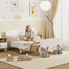 AIYAPLAY Montessori postelja za otroke 3-8 let v lesu, 140x70 cm nizka posteljica s stranskimi ograjami in gladkimi robovi, enojna otroška postelja za otroško sobo, bela