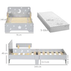 ZONEKIZ Postelja za otroke 3-6 let z motivi zvezd in lune iz panelov MDF in iverne plošče, 143x76x49 cm, siva in barva lesa