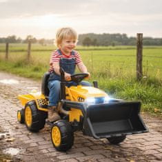 AIYAPLAY 12V električni bager za otroke z žlico in odstranljivo prikolico, jahalni električni traktor z 2 motorjema, daljinski upravljalnik, brezžična povezava, USB, luči in glasba, 3-8 let, rumena