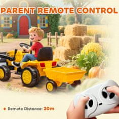 AIYAPLAY 12V električni bager za otroke z žlico in odstranljivo prikolico, jahalni električni traktor z 2 motorjema, daljinski upravljalnik, brezžična povezava, USB, luči in glasba, 3-8 let, rumena