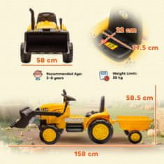 AIYAPLAY 12V električni bager za otroke z žlico in odstranljivo prikolico, jahalni električni traktor z 2 motorjema, daljinski upravljalnik, brezžična povezava, USB, luči in glasba, 3-8 let, rumena