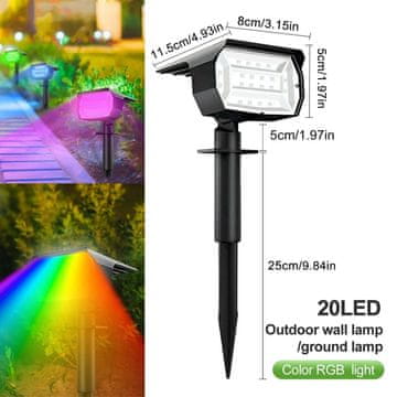 KJB Solar Landscape Lights Outdoor Waterproof Spotlights, 72/68 LED Zunanja solarna LED svetilka, 20 LED, RGB, 1 kos