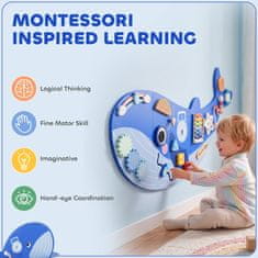 AIYAPLAY Montessori lesena zasedena plošča za otroke od 2 let, 13 v 1 senzorna stenska plošča s temo kita z zobniki, poti s kroglicami, ura in glasbene dejavnosti, modra