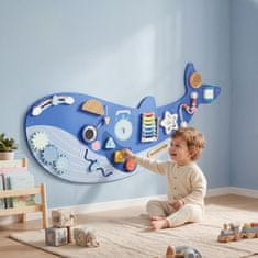 AIYAPLAY Montessori lesena zasedena plošča za otroke od 2 let, 13 v 1 senzorna stenska plošča s temo kita z zobniki, poti s kroglicami, ura in glasbene dejavnosti, modra