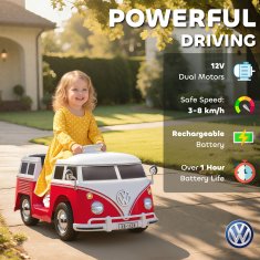 AIYAPLAY Otroški električni avto 3-7 let volkswagen T1, 12V 3-8 km/h otroški električni avto z 2 motorjema, vzmetenjem, počasnim zagonom, glasbo, žarometi in hupljanjem, rdeč