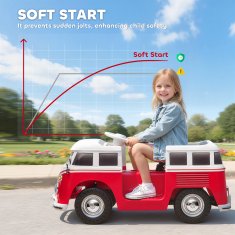 AIYAPLAY Otroški električni avto 3-7 let volkswagen T1, 12V 3-8 km/h otroški električni avto z 2 motorjema, vzmetenjem, počasnim zagonom, glasbo, žarometi in hupljanjem, rdeč