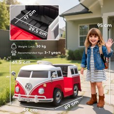 AIYAPLAY Otroški električni avto 3-7 let volkswagen T1, 12V 3-8 km/h otroški električni avto z 2 motorjema, vzmetenjem, počasnim zagonom, glasbo, žarometi in hupljanjem, rdeč