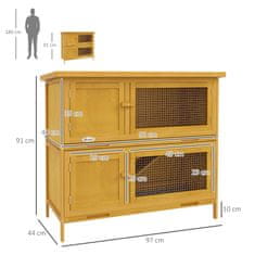PAWHUT Kunčnik za zunanjost z 2 nivojema s protizdrsno rampo, 2 izvlečna pladnja in 4 vrata s ključavnico, kunčnik iz jelke in streha iz bitumna, 97x44x91 cm, rumena