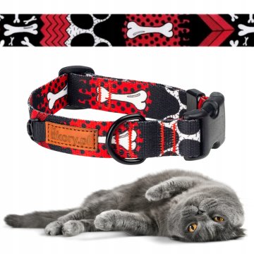 Nastavljiva mačja ovratnica WEBBING 24-30 cm ČRNO-RDEČA s kostmi