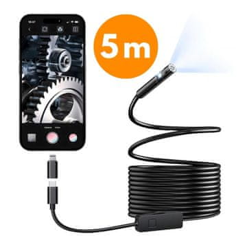 Netscroll Endoskopska kamera za telefon s 5 m kablom, HD sliko in 8 LED lučmi, EndoCam