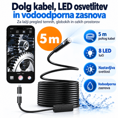 Netscroll Endoskopska kamera za telefon s 5 m kablom, HD sliko in 8 LED lučmi, EndoCam