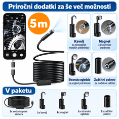 Netscroll Endoskopska kamera za telefon s 5 m kablom, HD sliko in 8 LED lučmi, EndoCam